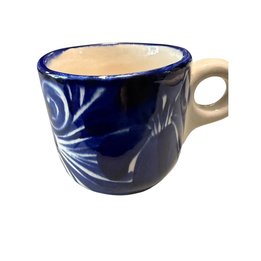 Mexican Talavera Pottery Espresso Cup Blue White Hand Painted Floral Mug